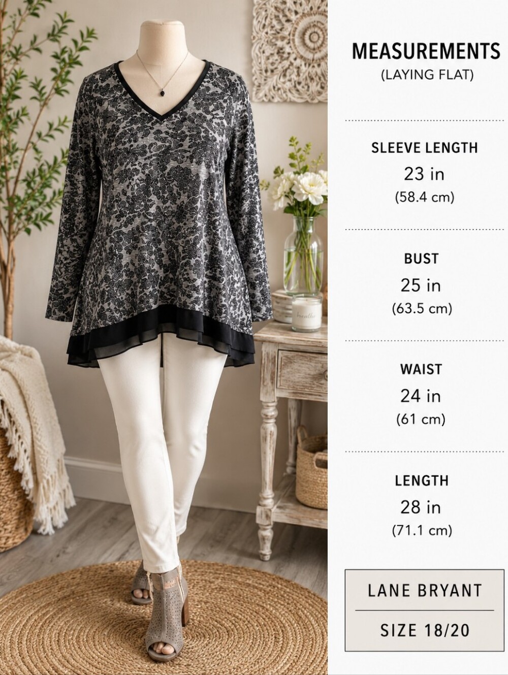 Lane Bryant 18/20 Black White Floral V-Neck Tunic Top Sheer Mesh Trim